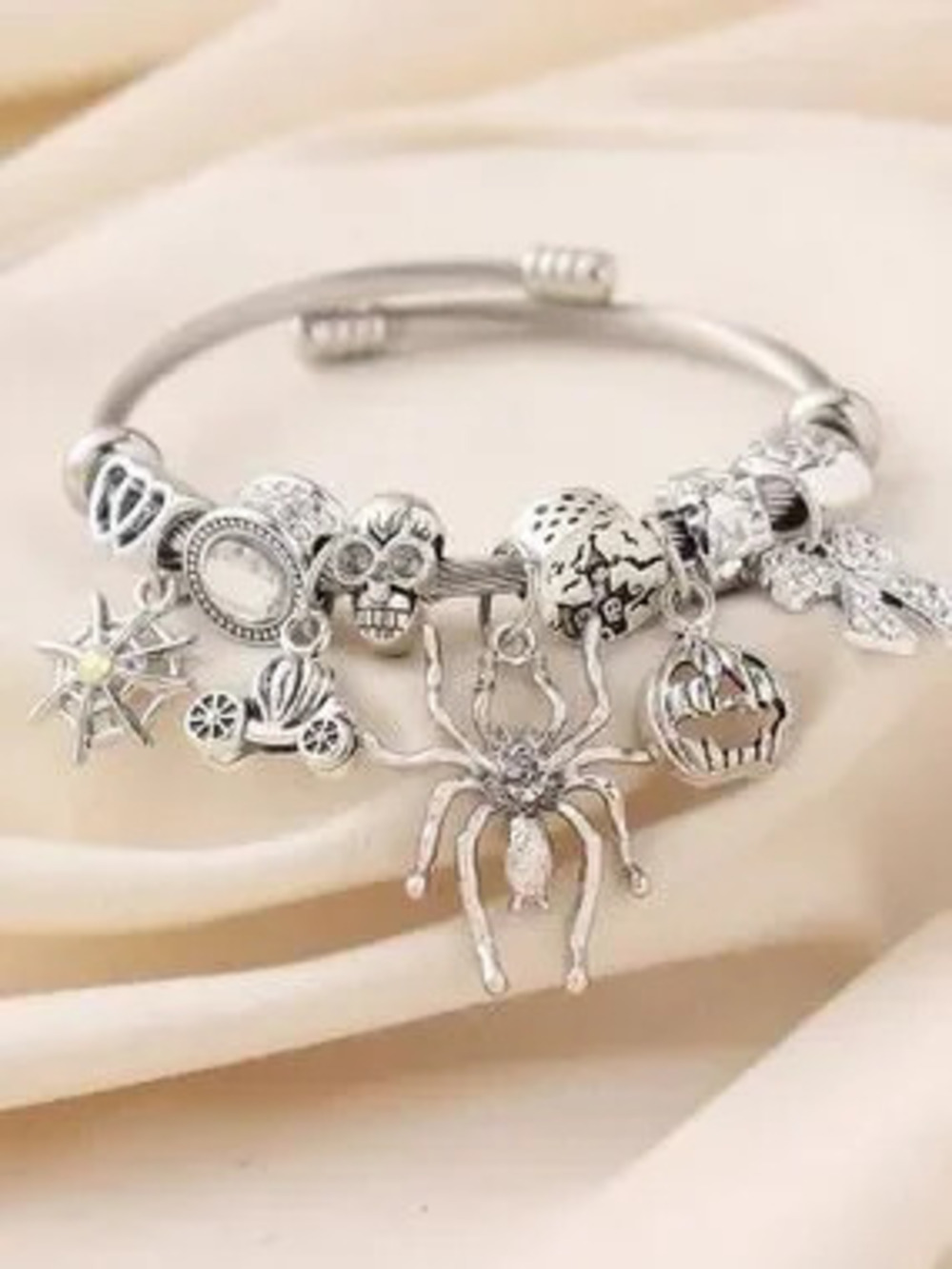 Silver Halloween Charm Bracelet with Spider Pumpkin Skull and Crystal Charms